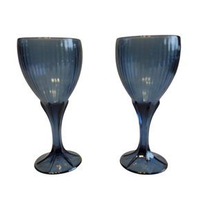 2 Fostoria Water Goblets Blue Flower Petal Stemmed Ribbed Bowl Vintage HTF